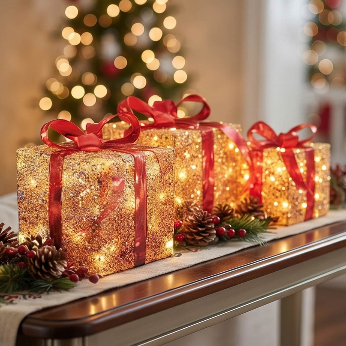 Pre Lit Gold Gift Box Set of 3 with Red Bow LED Decoration
