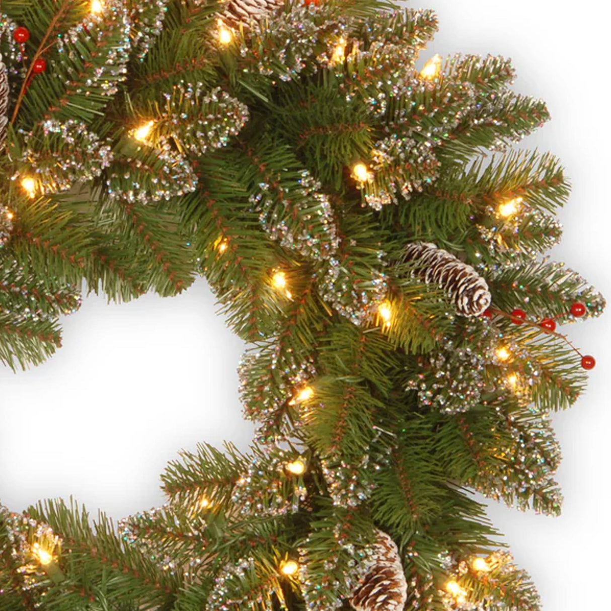 Pre-Lit 24 in. Glittery Mountain Spruce Christmas Wreath with Warm White LED Lights