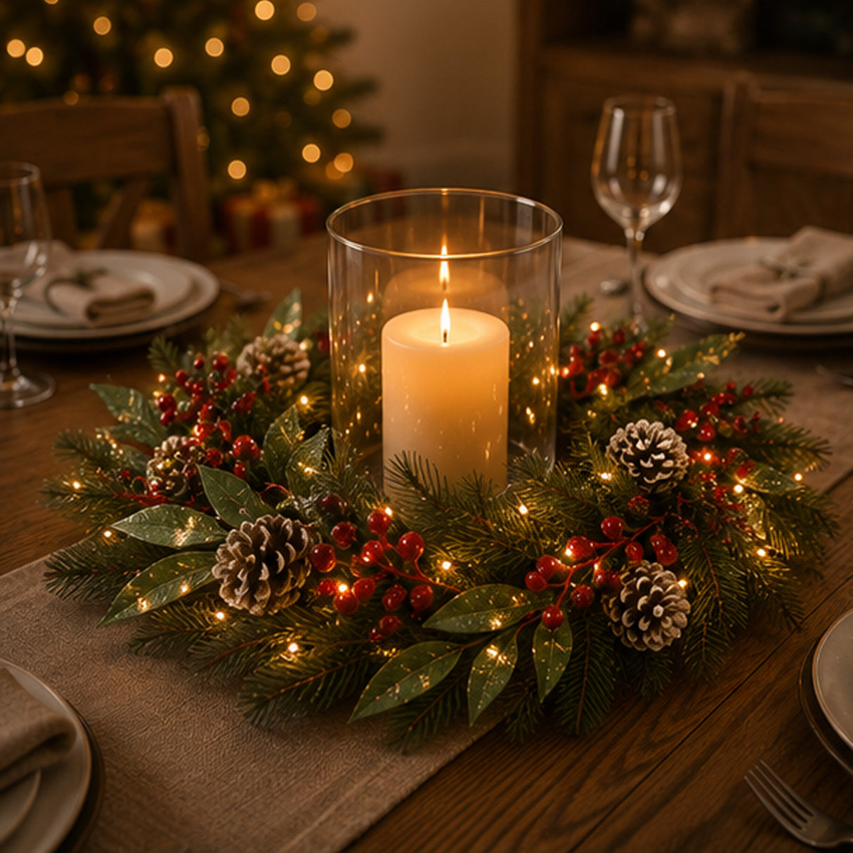 Pre-Lit Frosted Pine Berry Wreath with Warm White LED Lights, 24 Inch