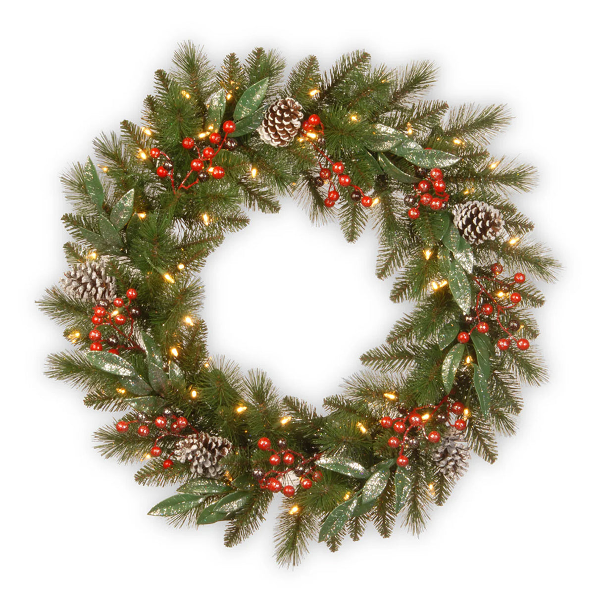 Pre-Lit Frosted Pine Berry Wreath with Warm White LED Lights, 24 Inch