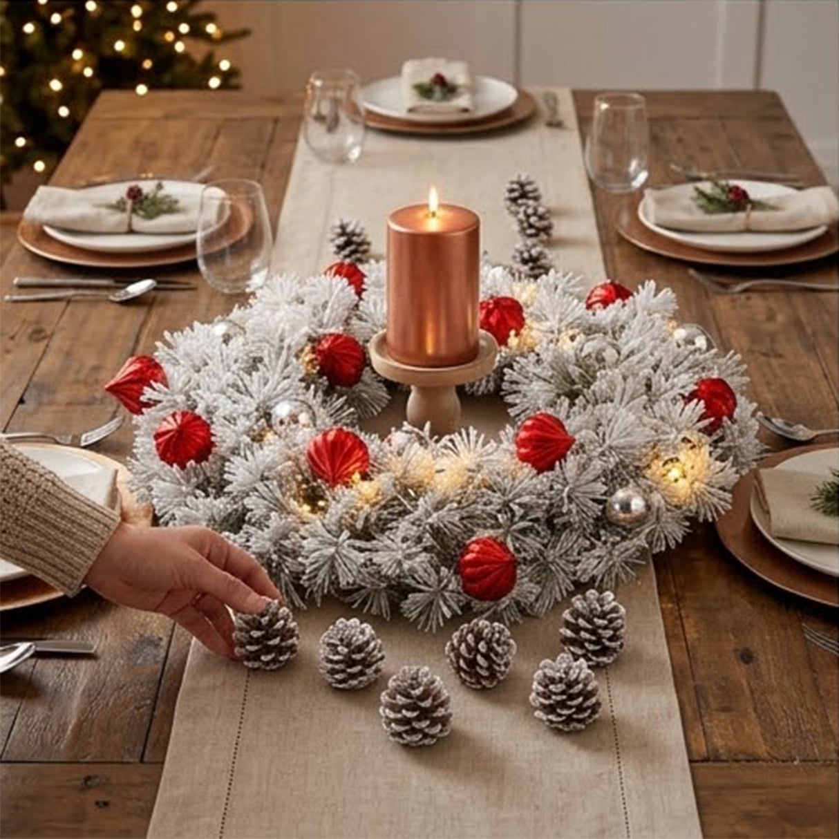Pre-Lit Snowy Bristle Pine Christmas Wreath with Red & Silver Ornaments, 30 Inch