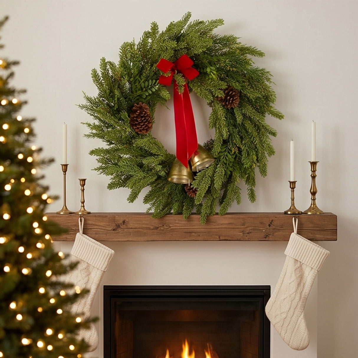 Christmas Bells Pine Wreath with Red Bow & Gold Bells, 28 Inch