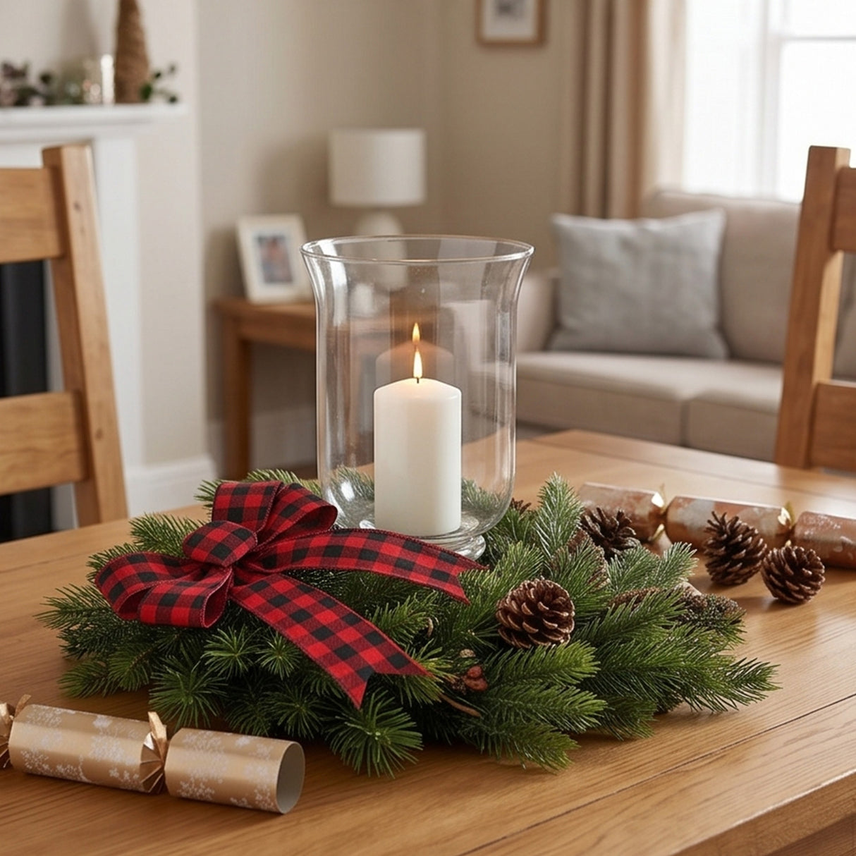 Mixed Pine Christmas Teardrop Swag with Plaid Bow, 30 Inch Door Decor