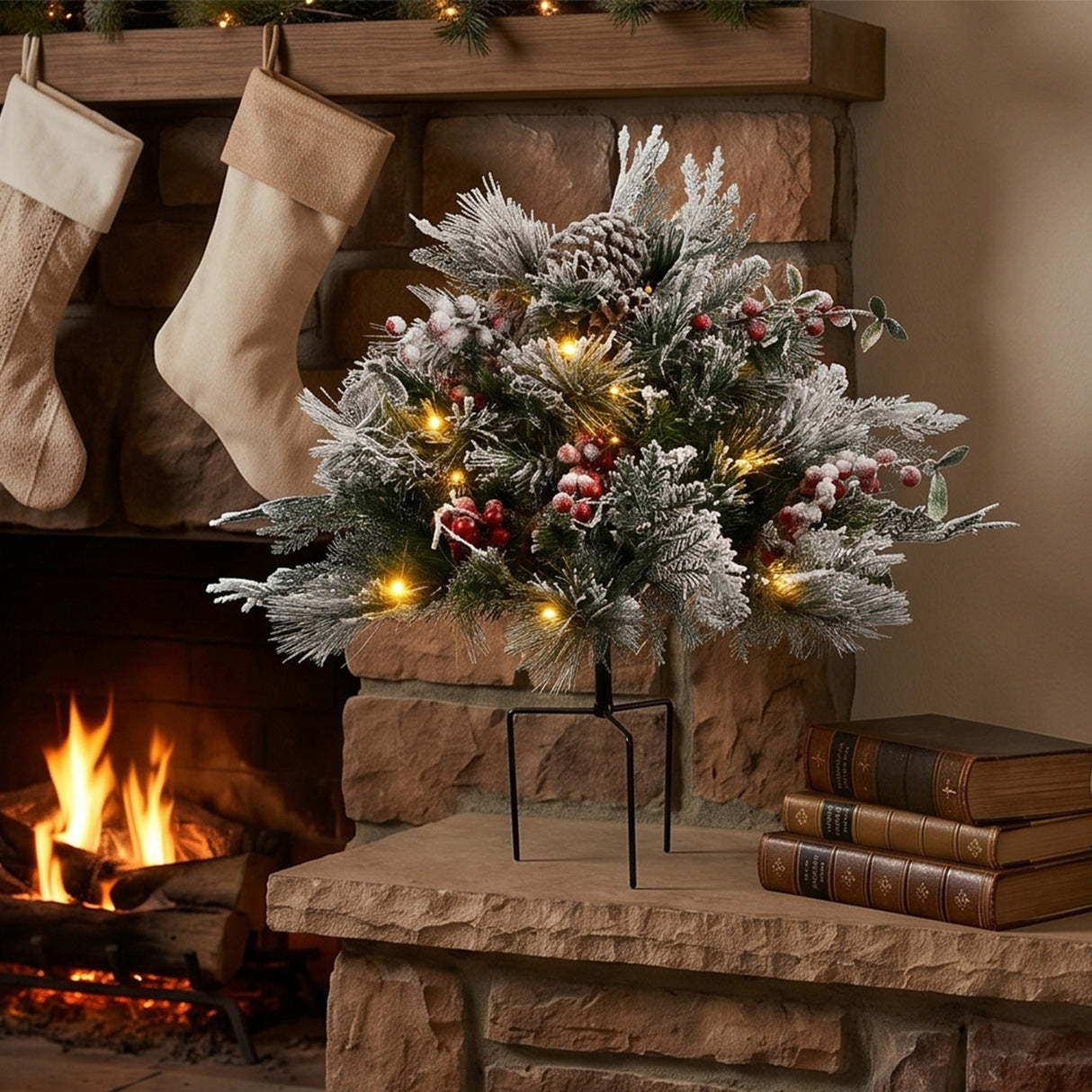 Pre-Lit Snowy Bedford Urn Filler with Warm White LED Lights, 18 Inch Holiday Decor