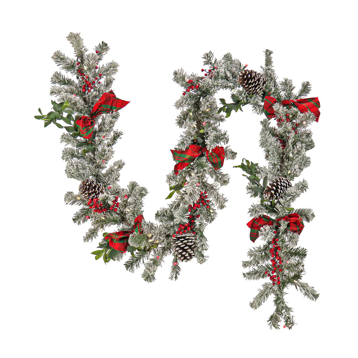 Pre-Lit Snowy General Store Garland with Plaid Bows & LED Lights, 9ft
