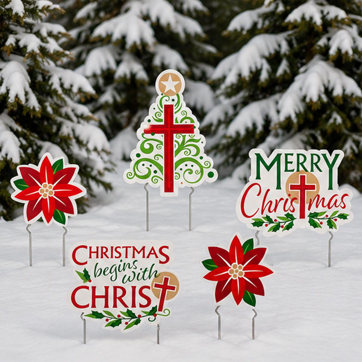 Religious Christmas Yard Sign Set Cross & Poinsettia 5 Pc