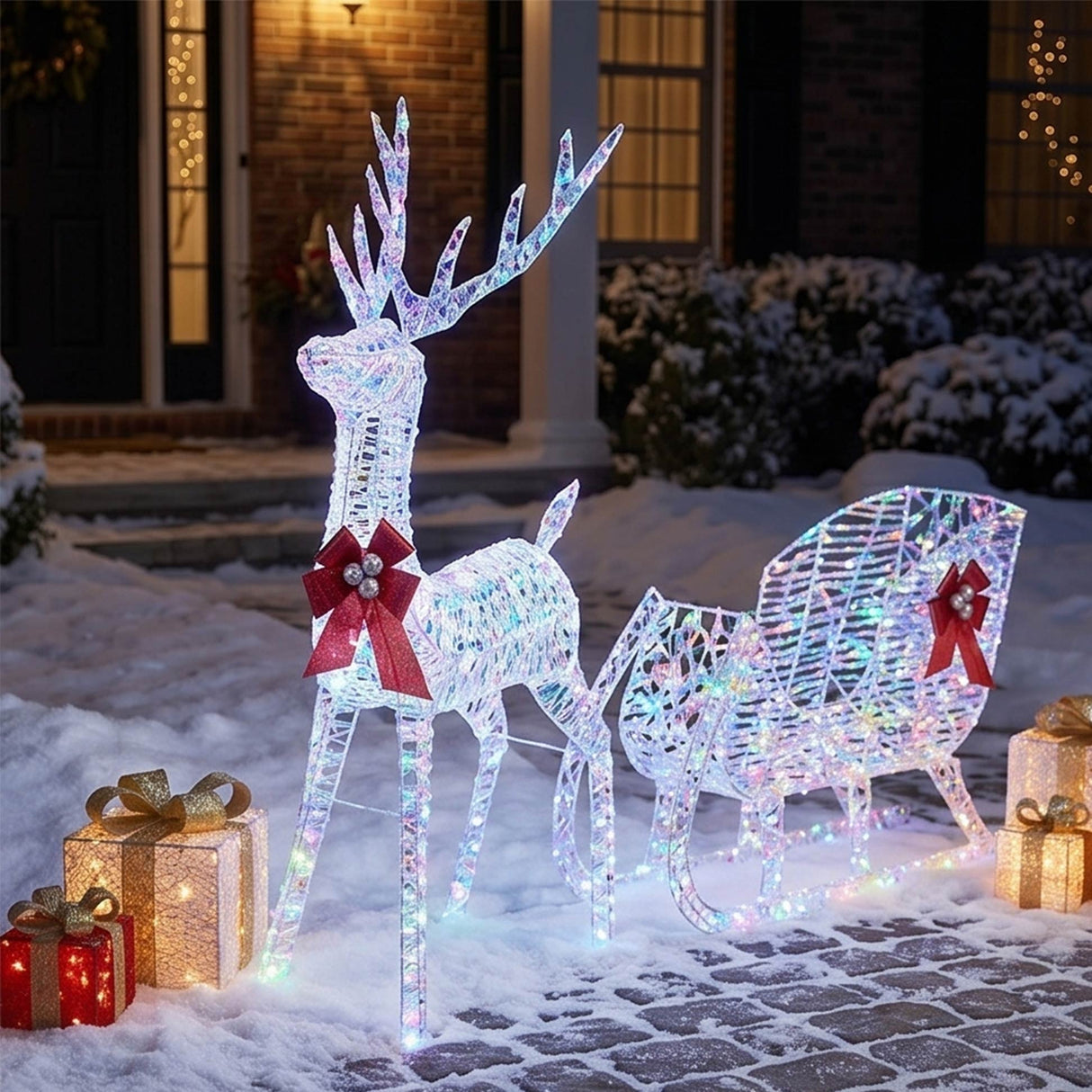 Lighted Christmas Reindeer and Sleigh Outdoor LED Decor Set