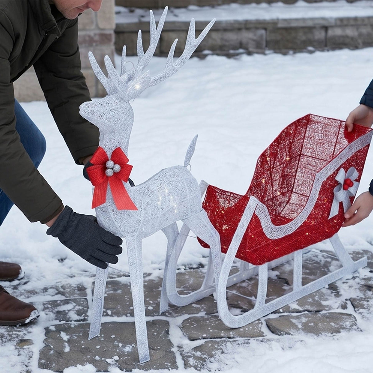 Lighted Christmas Reindeer and Sleigh Outdoor LED Decor Set