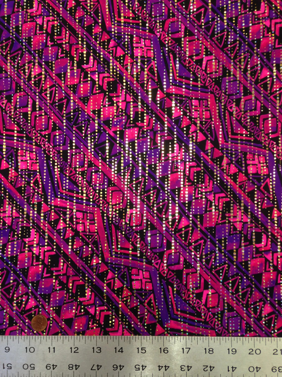 Purple Fuchsia Tribal Pattern Nylon Spandex Fabric - Gold Holographic Foil, Purple Fuchsia, 58" Width