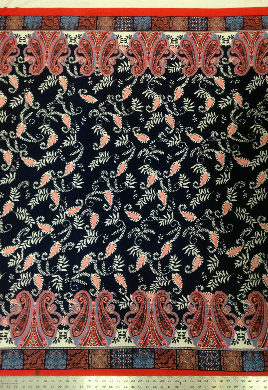 Border Paisley Pattern On Dark Navy Stretch Lightweight Knit Jersey Polyester Spandex Fabric - Dark Navy Paisley, 58"- 60" Width