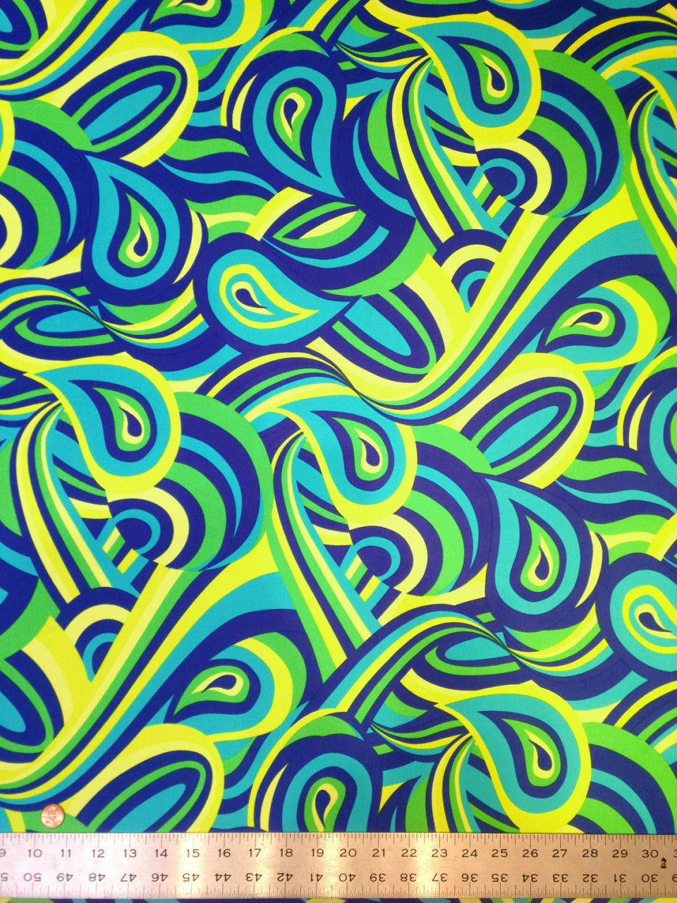 Colorful Neon Psychedelic Retro Pattern Nylon Spandex Fabric - Multi Color, Orange/Yellow, Teal/Green, 58"-60" Width