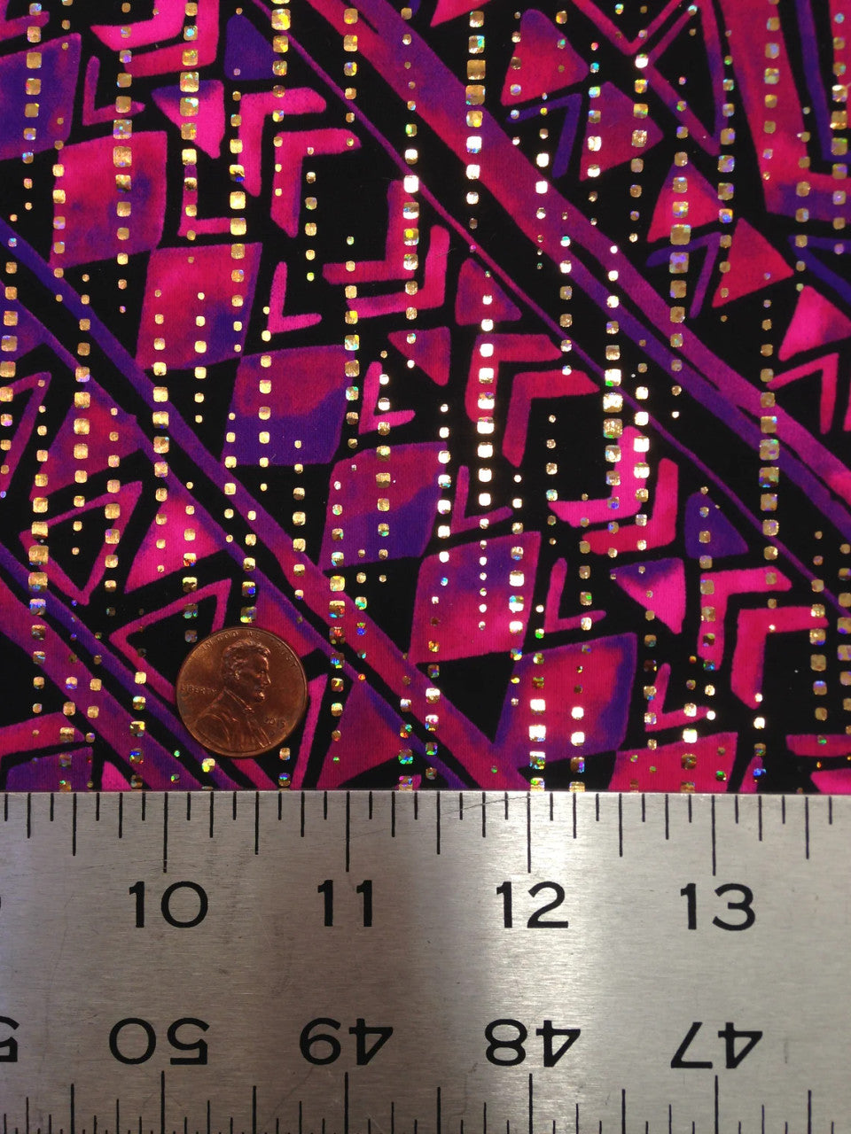 Purple Fuchsia Tribal Pattern Nylon Spandex Fabric - Gold Holographic Foil, Purple Fuchsia, 58" Width