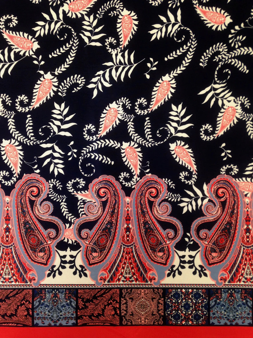 Border Paisley Pattern On Dark Navy Stretch Lightweight Knit Jersey Polyester Spandex Fabric - Dark Navy Paisley, 58"- 60" Width