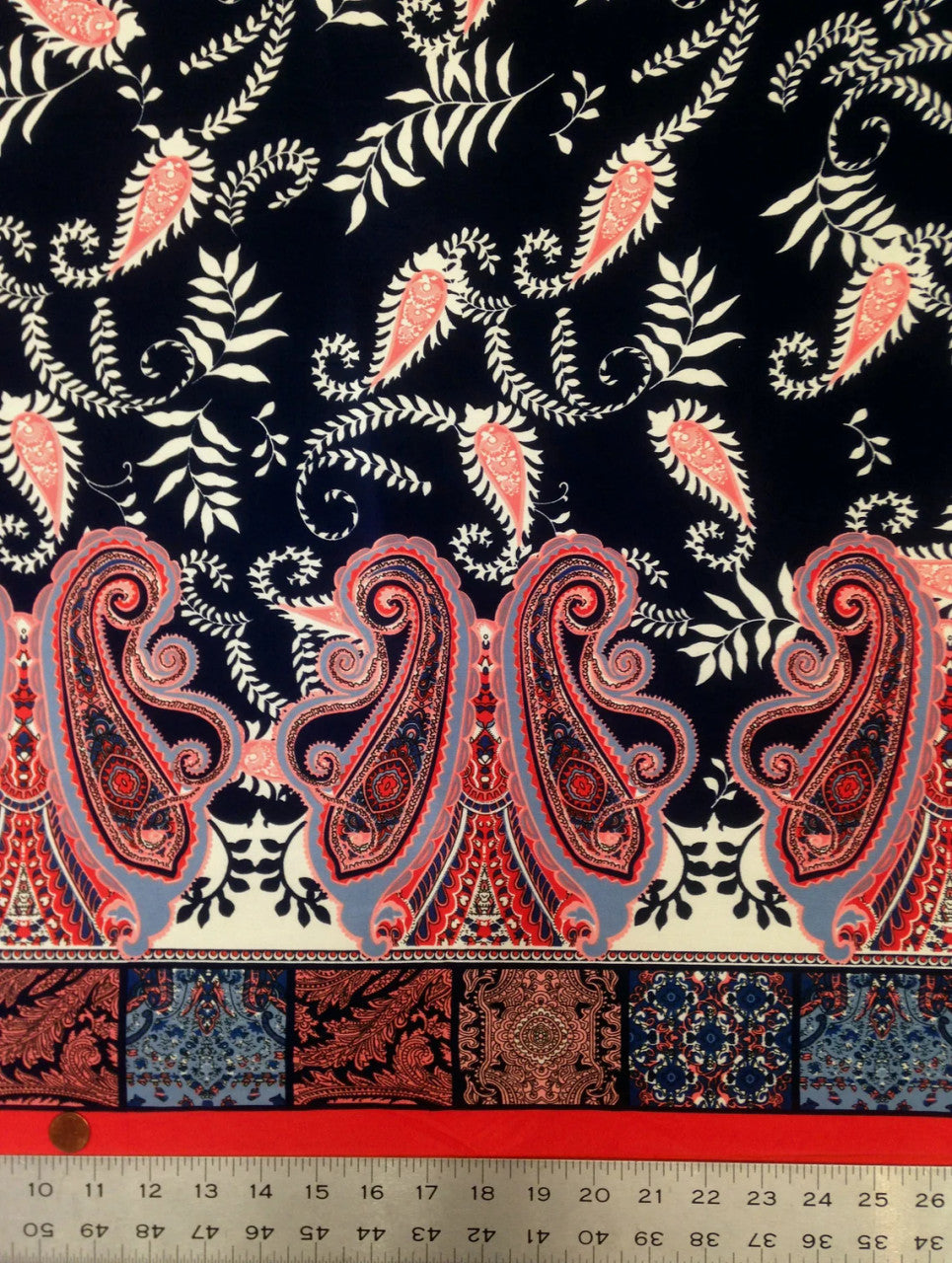 Border Paisley Pattern On Dark Navy Stretch Lightweight Knit Jersey Polyester Spandex Fabric - Dark Navy Paisley, 58"- 60" Width