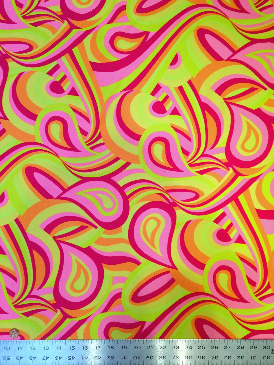 Colorful Neon Psychedelic Retro Pattern Nylon Spandex Fabric - Multi Color, Orange/Yellow, Teal/Green, 58"-60" Width