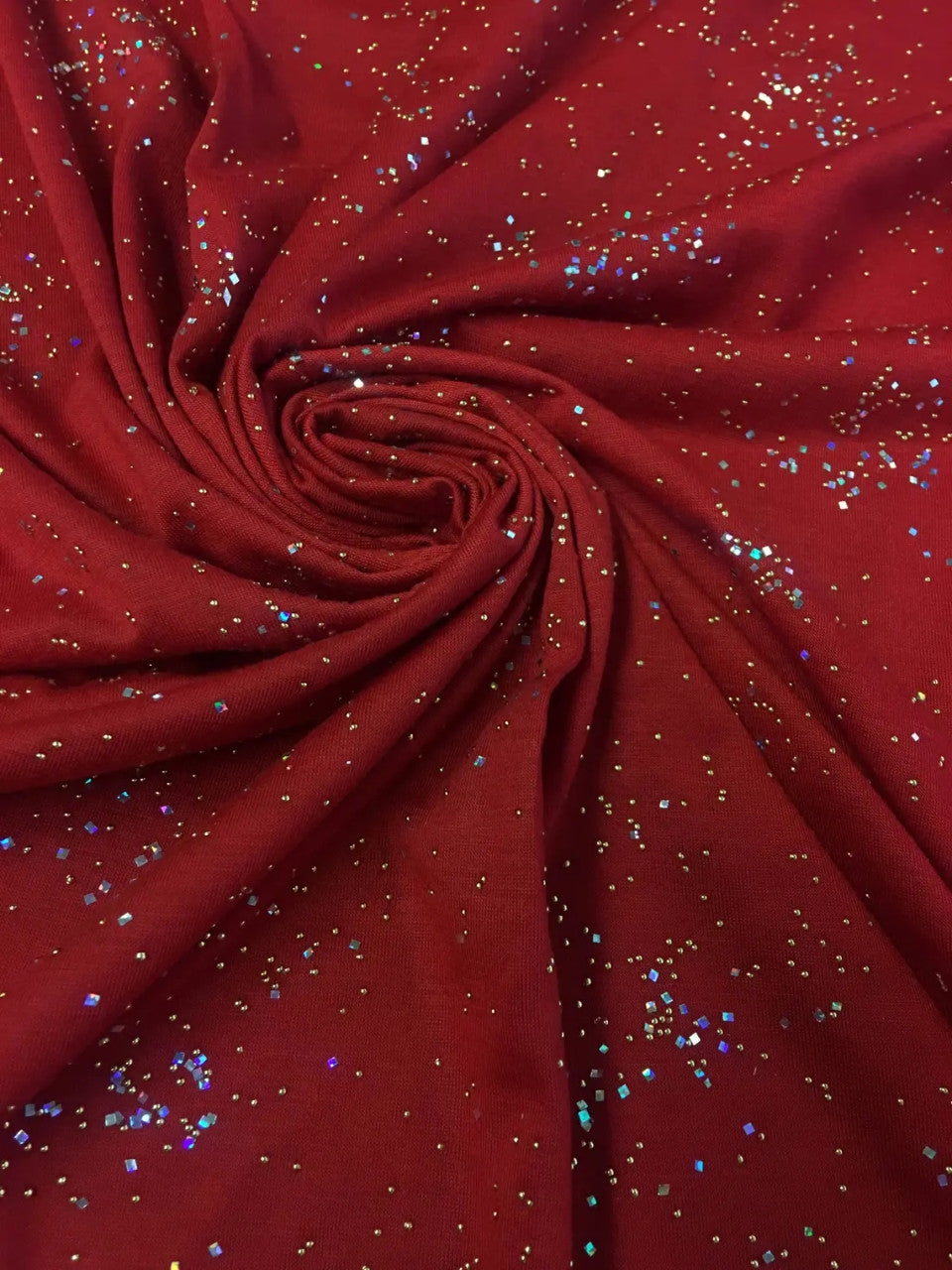 Small Gold Studs And Holographic Small Trans Polyester Rayon Mechanical Spandex Fabric - Scarlet Color, Mini Circle Studs, Holographic Trans, 58" - 60" Wide