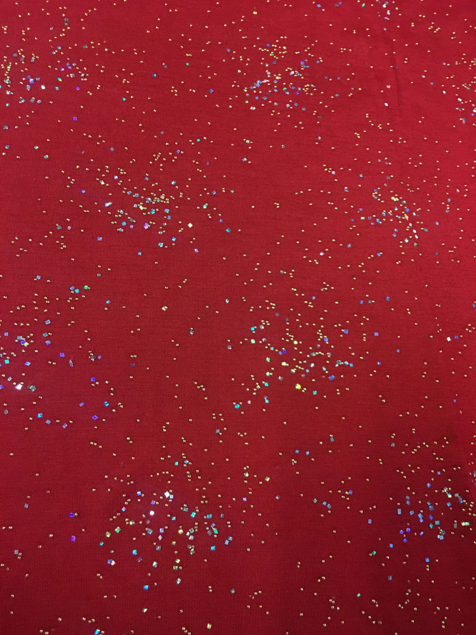 Small Gold Studs And Holographic Small Trans Polyester Rayon Mechanical Spandex Fabric - Scarlet Color, Mini Circle Studs, Holographic Trans, 58" - 60" Wide