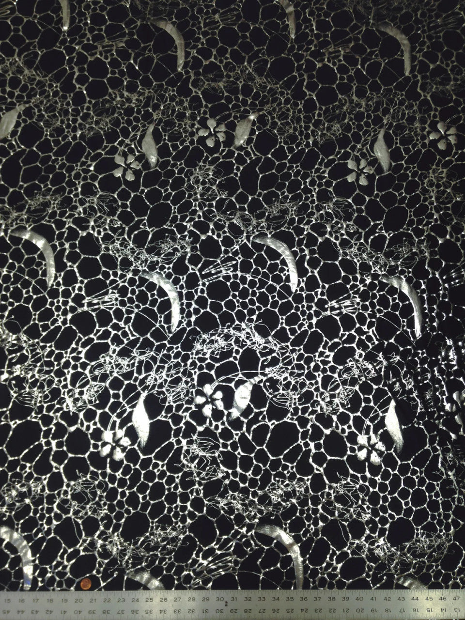 Polyester Spandex Fabric - Silver Floral Geometric Foil Design, 58" To 60" Width