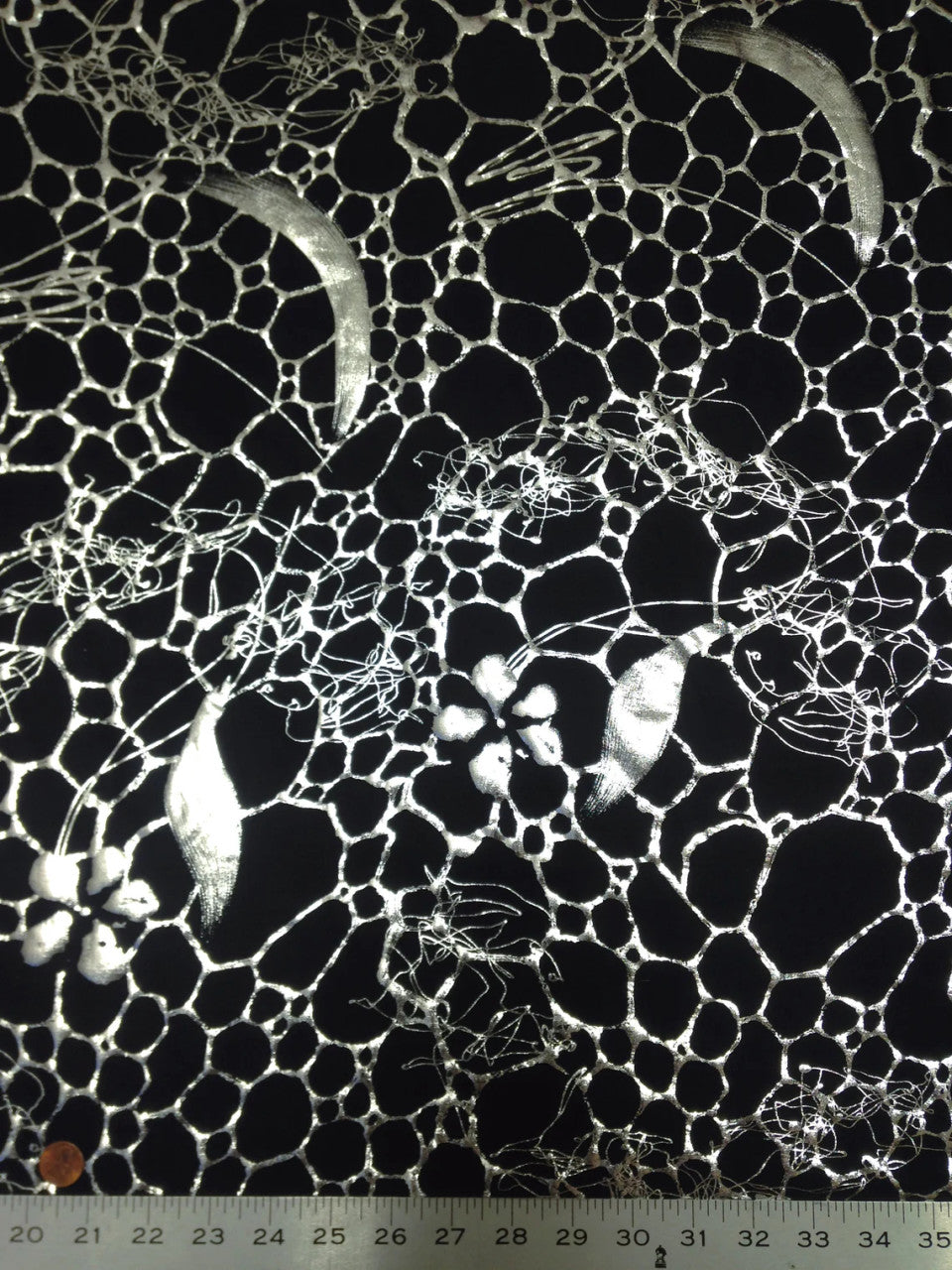 Polyester Spandex Fabric - Silver Floral Geometric Foil Design, 58" To 60" Width