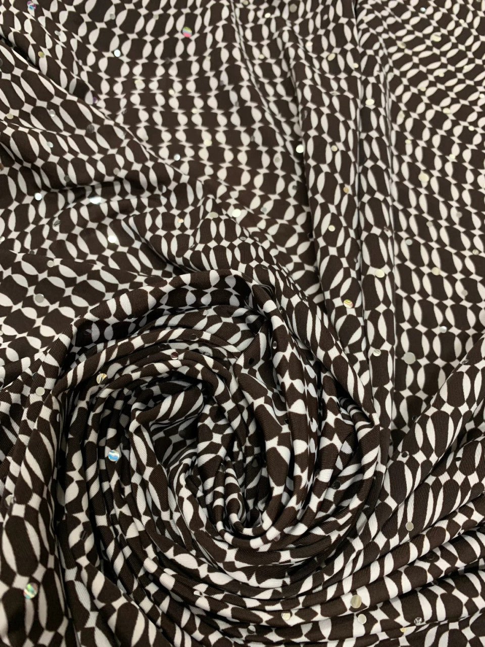 Polyester Spandex Single Span Geometric Print Fabric - Black, Brown, Silver Trans, 58"-60" Width