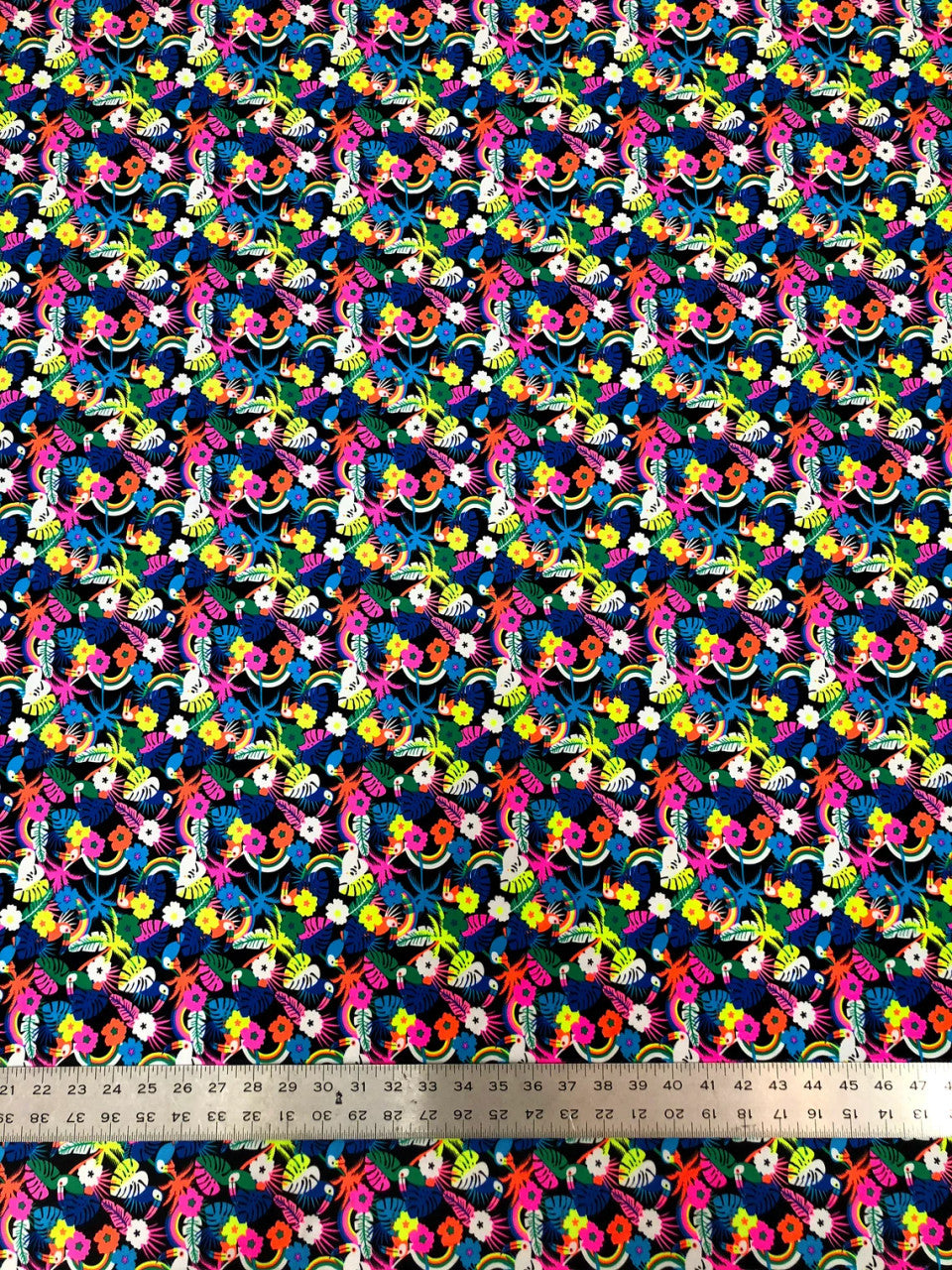 Nylon Spandex Fabric - Neon Small Floral And Toucans Design, 58" To 60" Width