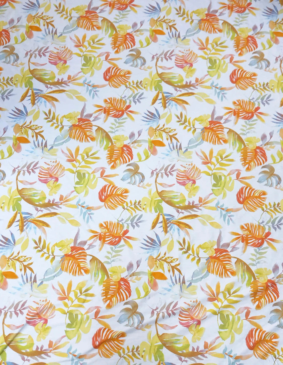 Tropical Leaves On White Nylon Spandex Fabric - White Tropical Leaves, 58"-60" Width