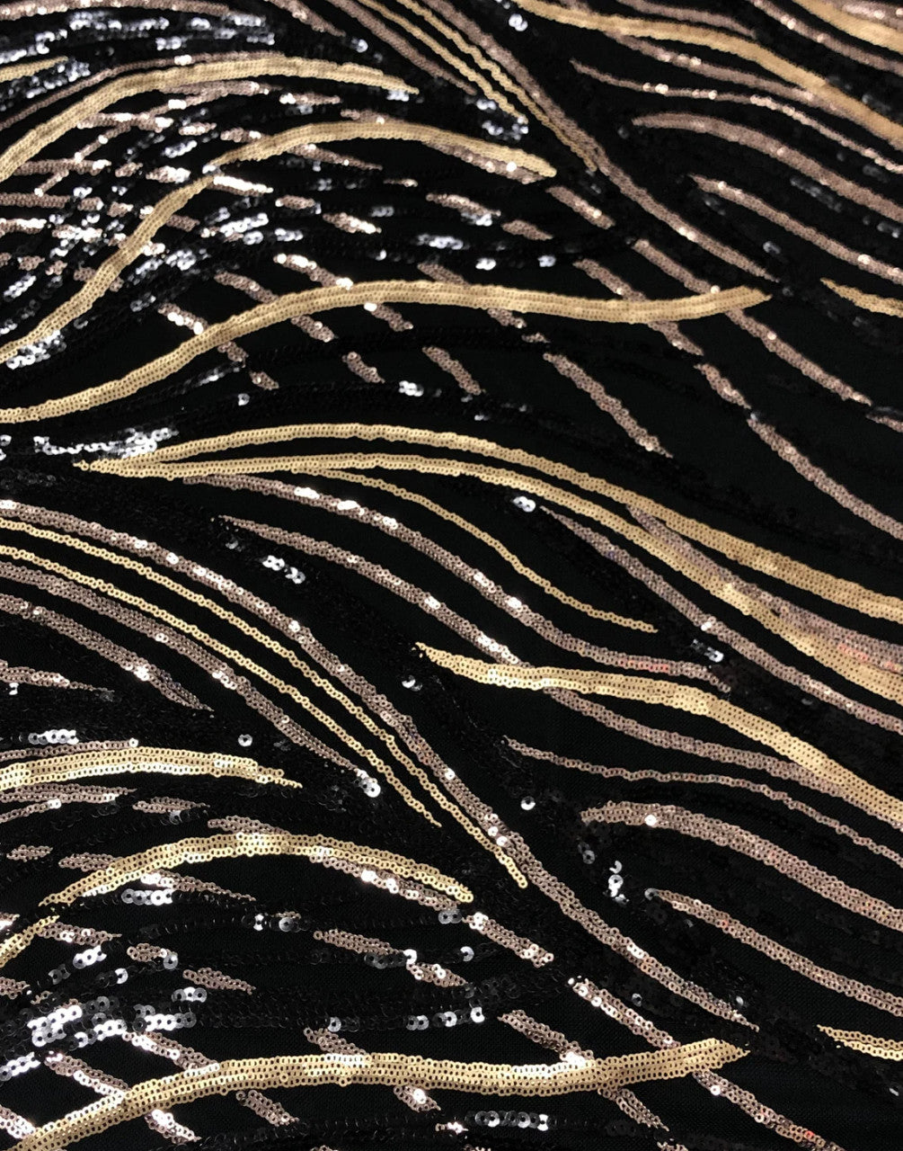 Sequin Wave 100 Percent Polyester Mesh Fabric - Black, Rose Gold, Matte Gold Sequins, 50" Width