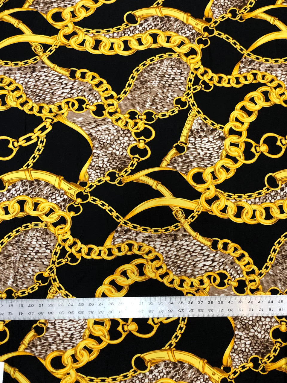 Gold Chains & Animal Print Polyester Spandex Fabric - White, Black, 58" Width