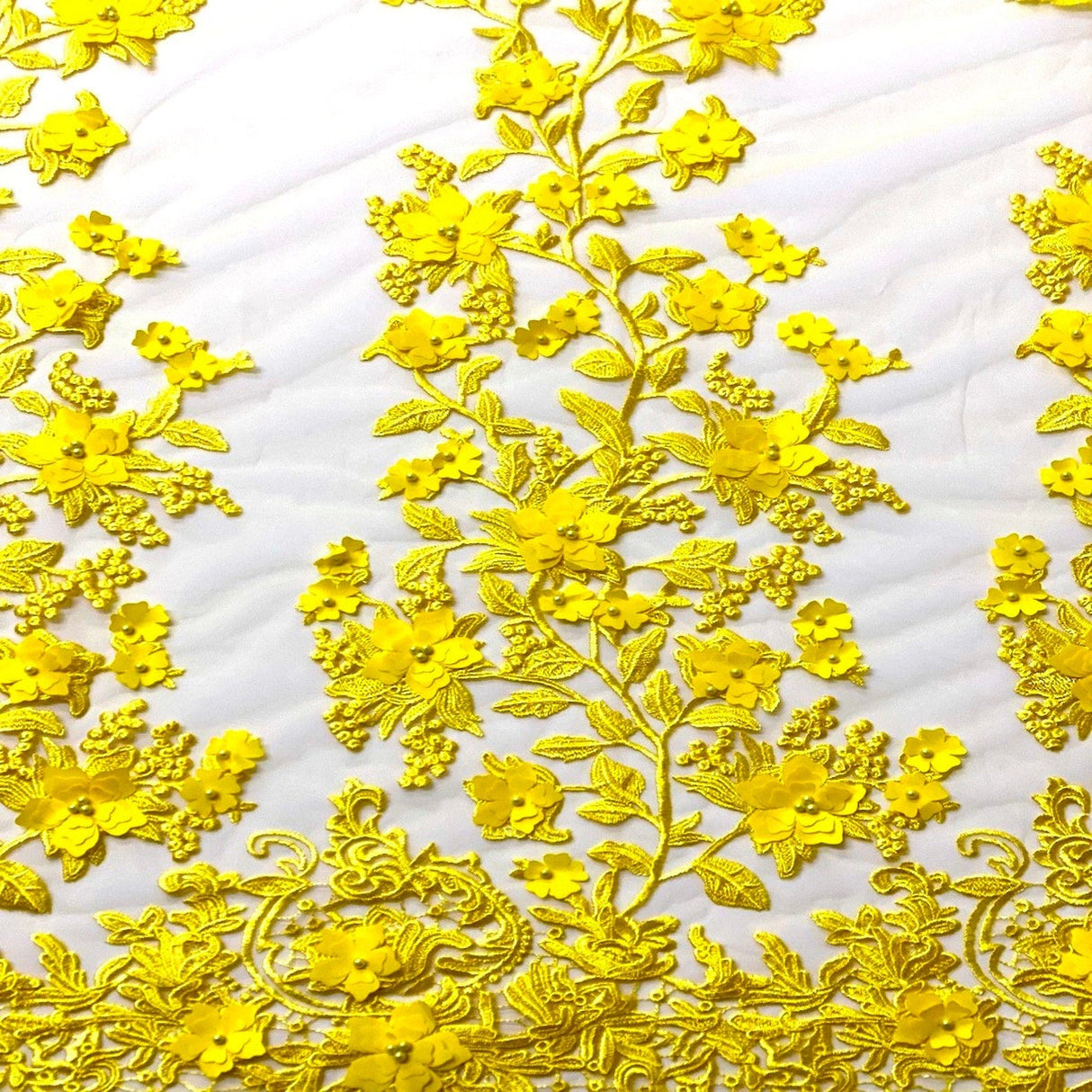 3D Embroidered Satin Floral Pearl Lace Fabric - 100 Percent Polyester Fabric, Floral Pearl Embroidery, 52" Width, 12" Panel (1 Yard)