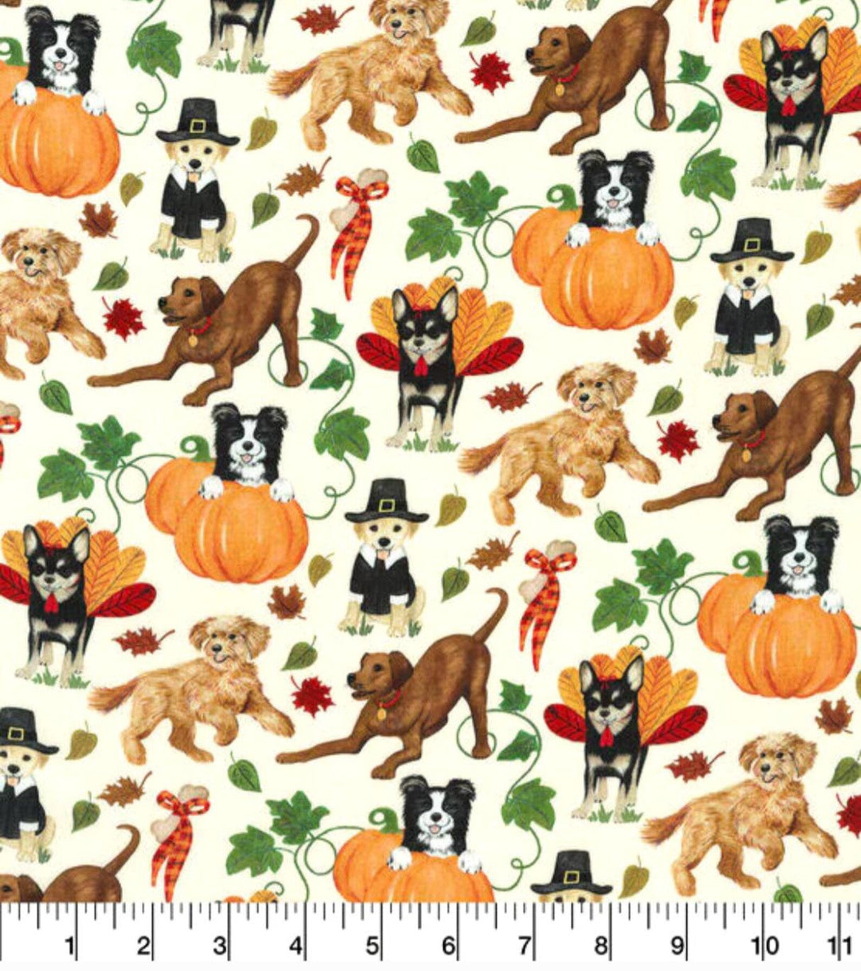 Quilting Cotton Playful Pups on Cream Thanksgiving Robert Kaufman