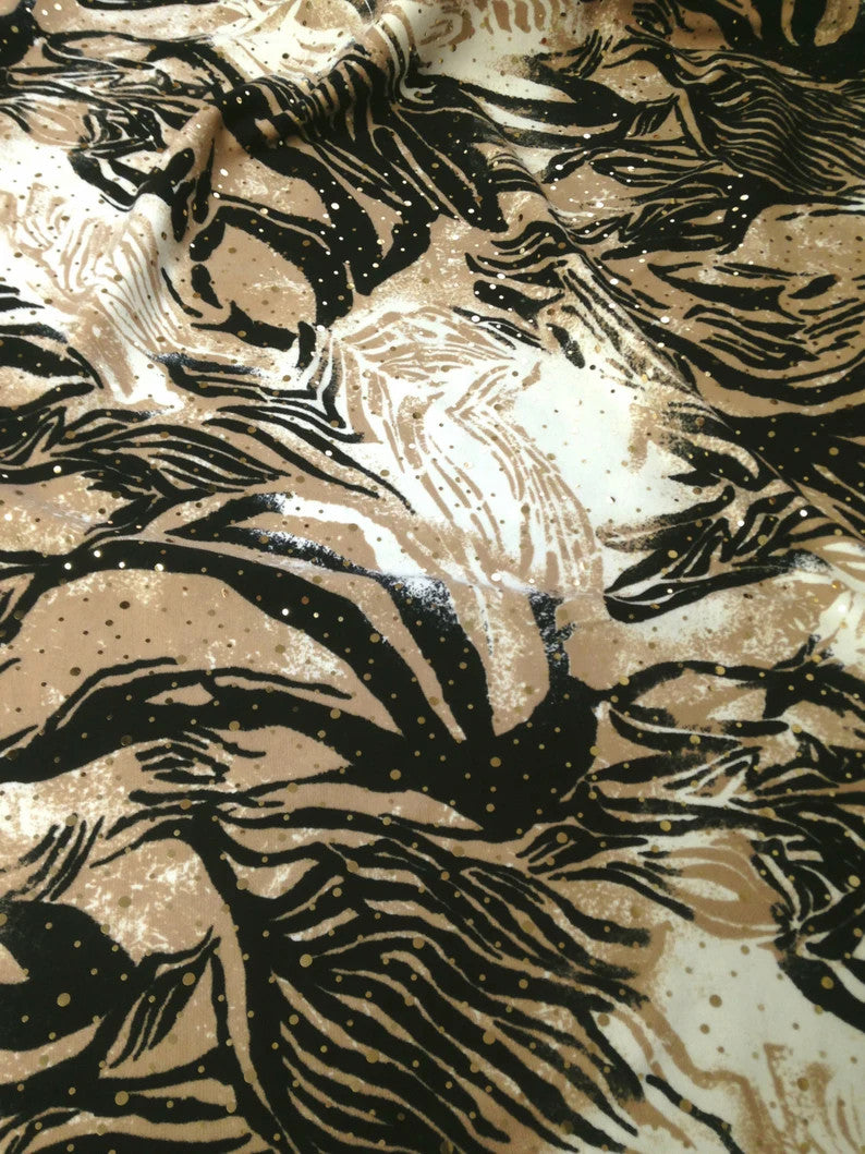 Animal Print W/ Shiny Gold Faux Sequins Ponte De Roma Polyester Spandex Fabric - Animal Print, Shiny Gold, 58"-60" Width
