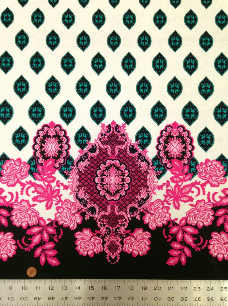 Big Floral Ogee Bordered Pattern Polyester Spandex Fabric - Black, White, 58" Width