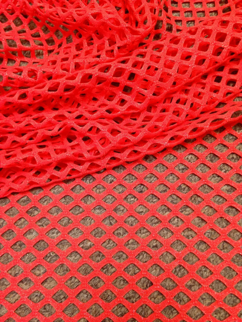 Coral Red Big Hole Diamond Mesh Stretch Polyester Spandex Fabric - Coral Red Diamond Mesh, Subtle Silver Foil, 58" Width