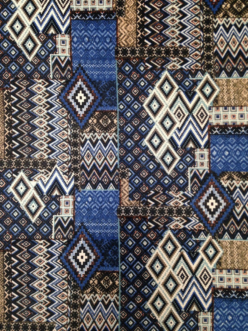 Blue Tan Tribal Pattern Polyester Spandex Fabric - Brushed Knit Jersey, Blue/Tan Tribal Print, 58-60" Width