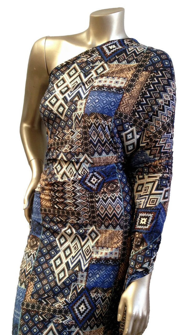 Blue Tan Tribal Pattern Polyester Spandex Fabric - Brushed Knit Jersey, Blue/Tan Tribal Print, 58-60" Width