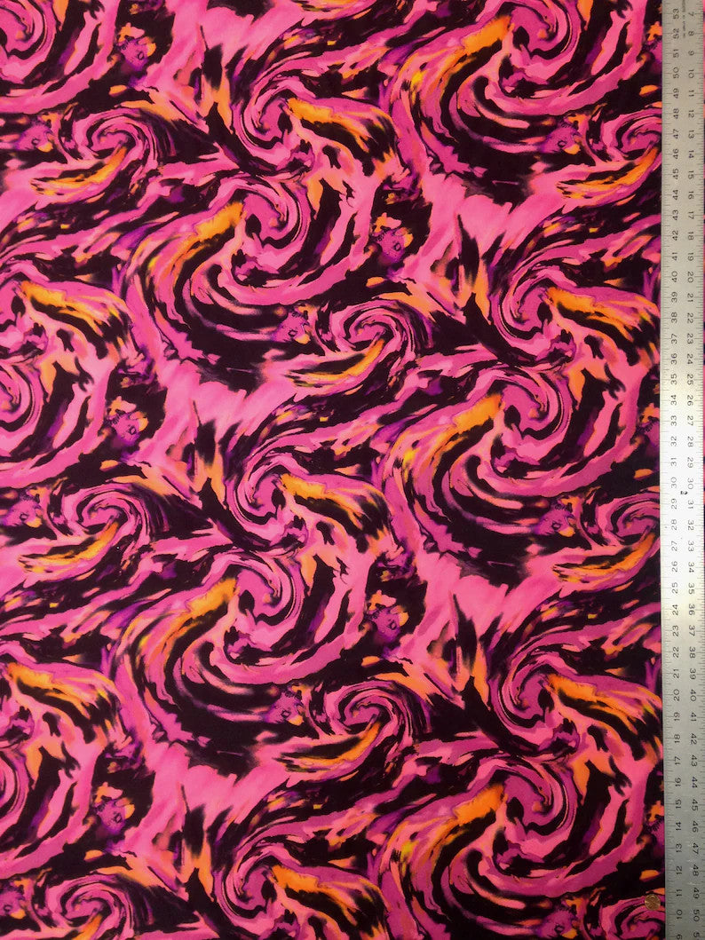 Fantastic Storm Swirl Polyester Spandex Fabric - Hot Pink, Orange Swirl Pattern, 58"-60" Width