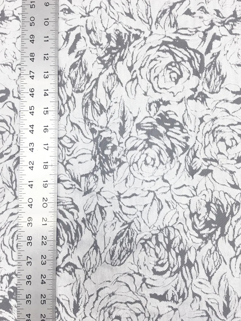 Polyester Floral Lace Fabric - Textured Floral Design, White, Black