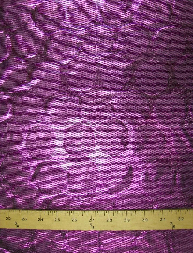 Polyester Spandex Fabric - Shiny Circles Foil Design, Silver, Magenta, Teal, 58/60" Width