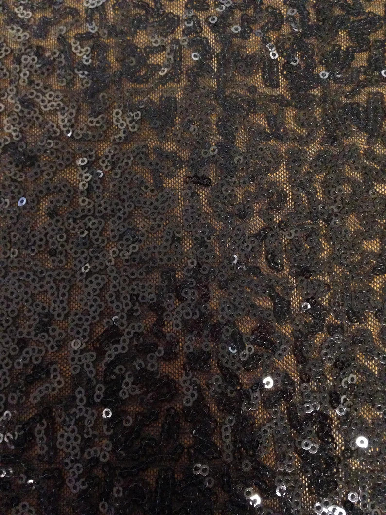 3Mm Black Mini Micro Sequins Swirl Pattern Nylon Mesh Fabric - Black Swirl Pattern, 50" Width