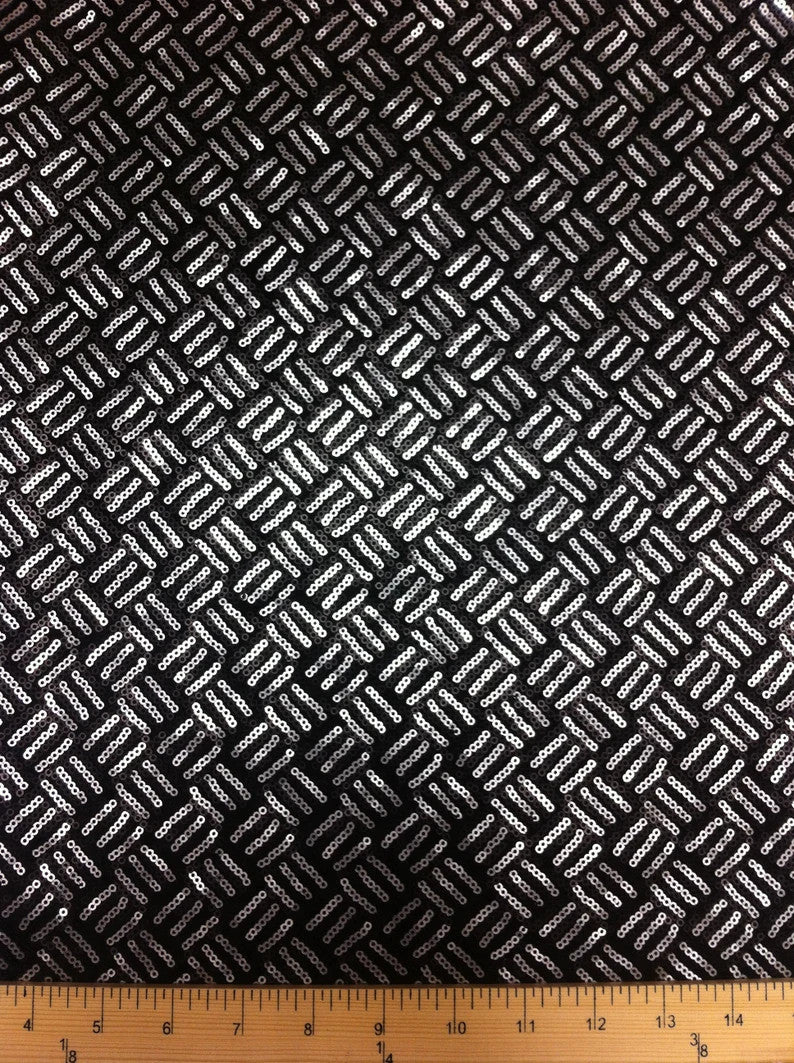3Mm Silver And Black Matte Sequins Basket Pattern Stretch Poly Spandex Fabric - Silver/Black Basket Pattern, 56"-58" Width