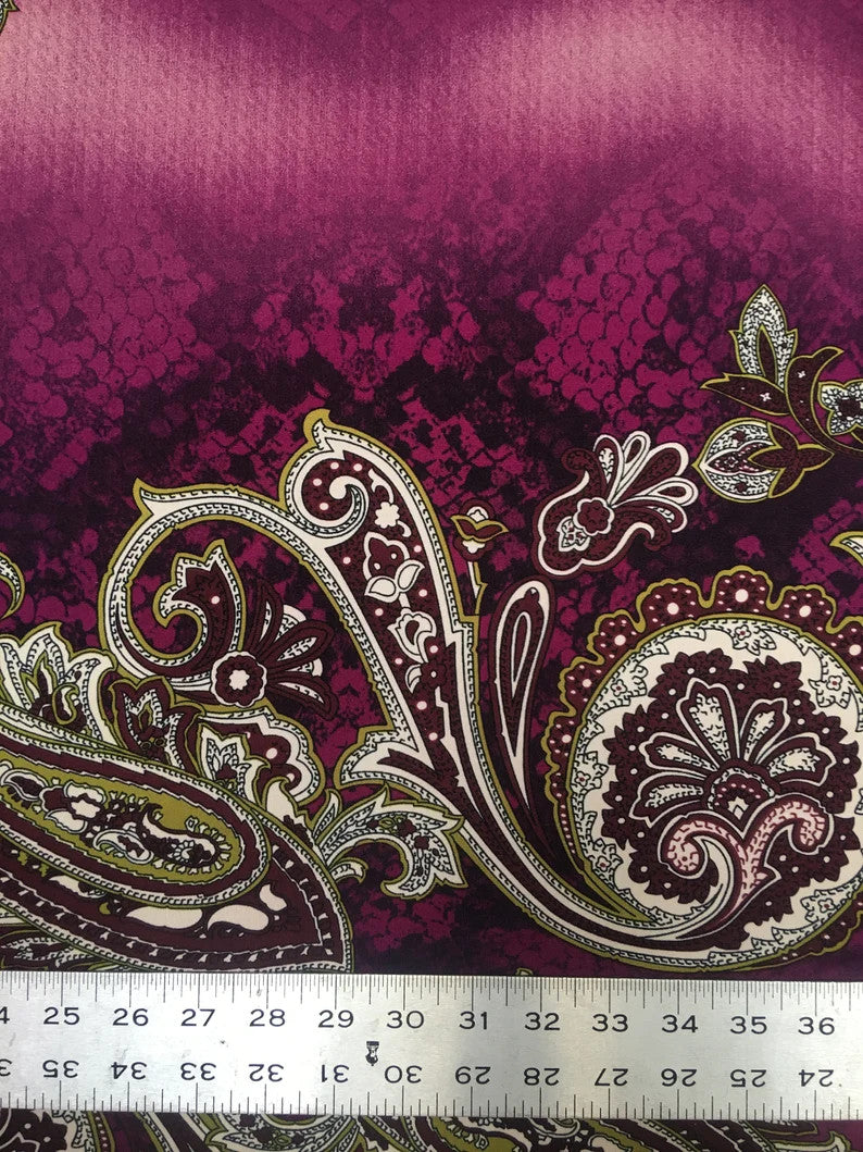 Polyester ITY Matte Jersey Spandex Fabric - Big Paisley Design, Brown, Purple, 58" Width