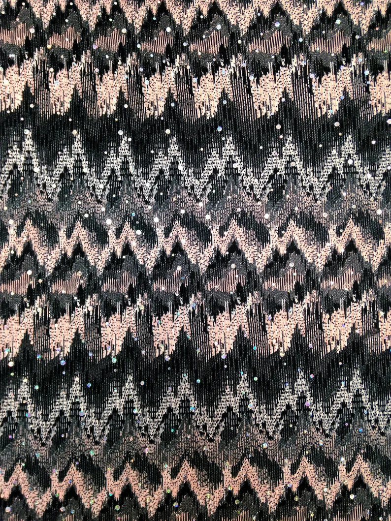 Ikat Zigzag Pattern Polyester Fabric - Holographic Faux Sequins, Stretch Bodre Mini Pleat, 57" To 58" Width