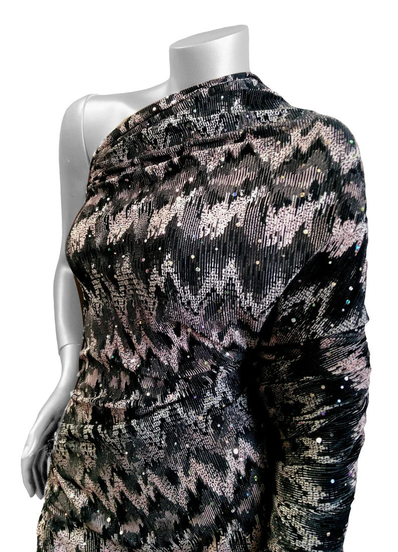 Ikat Zigzag Pattern Polyester Fabric - Holographic Faux Sequins, Stretch Bodre Mini Pleat, 57" To 58" Width