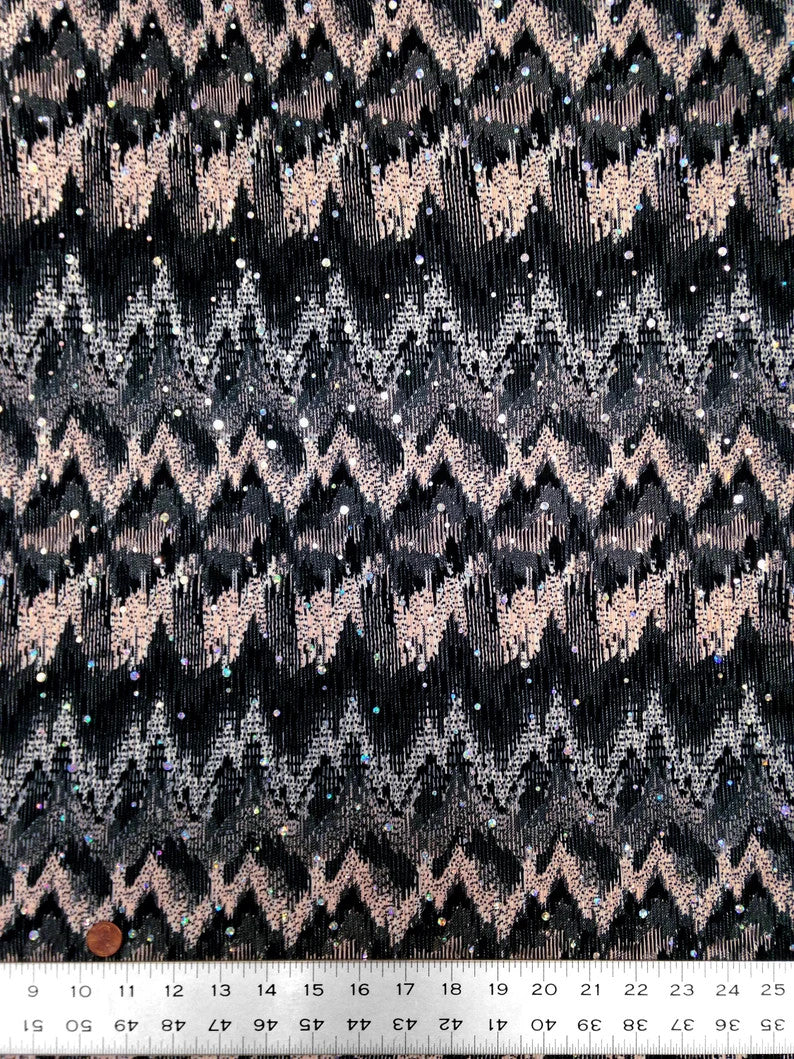 Ikat Zigzag Pattern Polyester Fabric - Holographic Faux Sequins, Stretch Bodre Mini Pleat, 57" To 58" Width