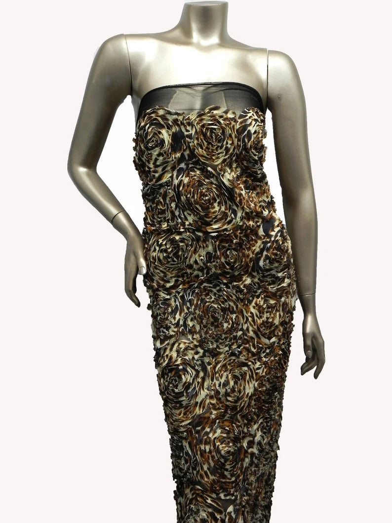 Polyester Textured Chiffon Fabric - Animal Print Large Rosettes On Black Non-Stretch Mesh, Silver, Brown, 50" Width