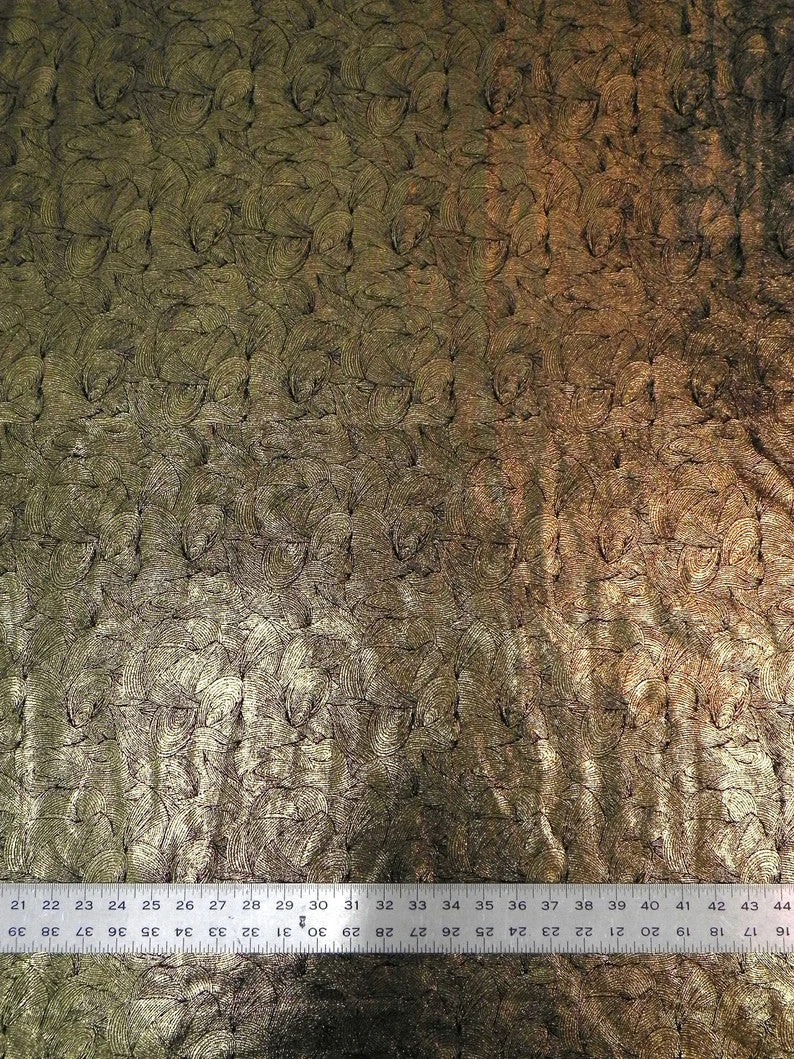 Polyester Spandex Velvet Fabric - Foil Abstract Design, Dark Gold, Dark Silver, 58" To 60" Width