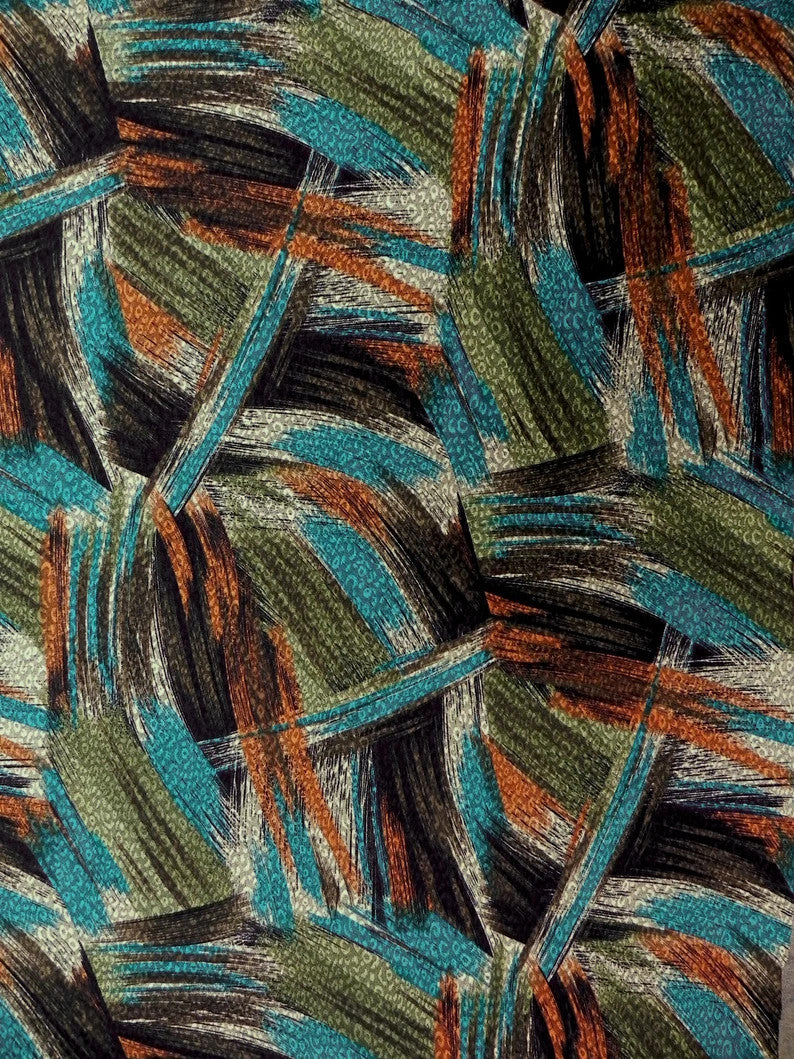 Abstract Design Acetate Polyester Spandex Fukuro Jacquard Fabric - Rust, Teal, Abstract Pattern, 58" To 60" Width