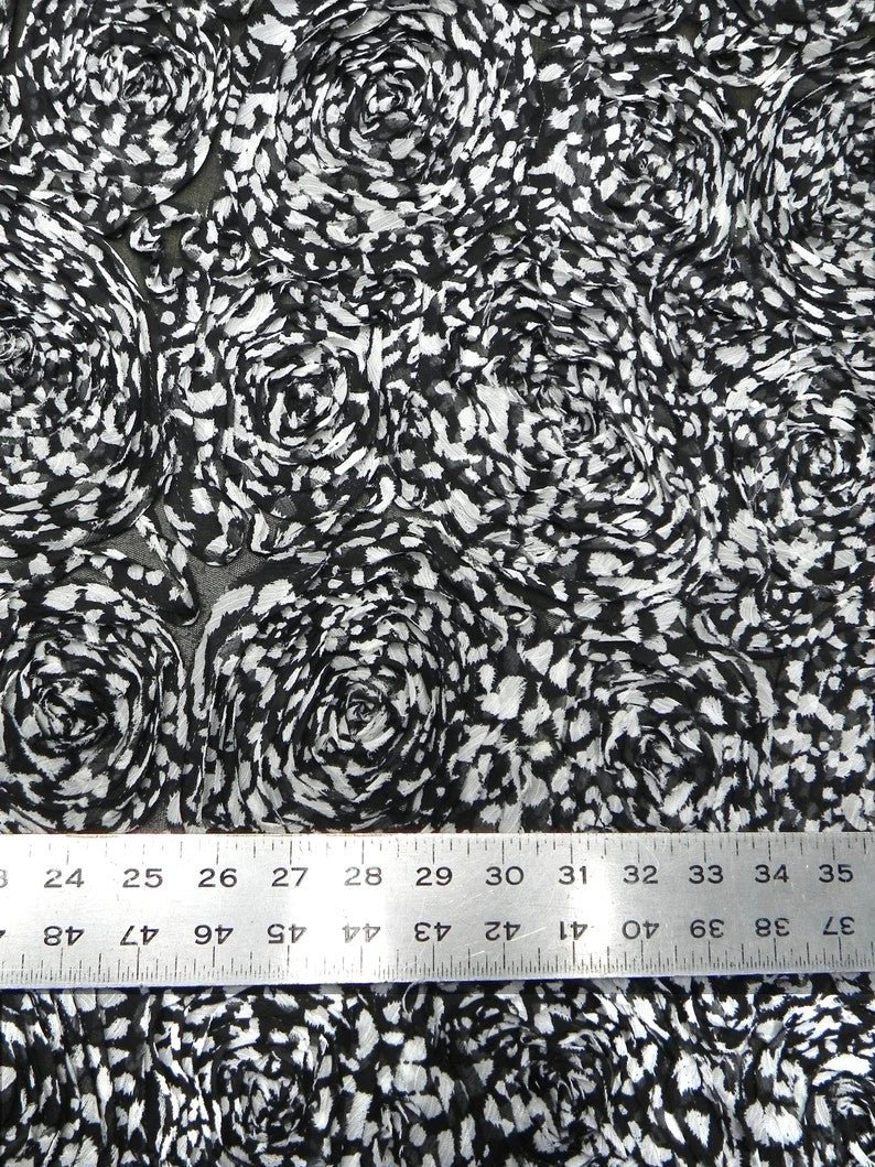 Polyester Textured Chiffon Fabric - Animal Print Large Rosettes On Black Non-Stretch Mesh, Silver, Brown, 50" Width