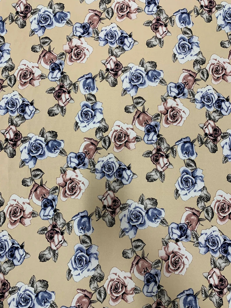 Antique Floral Design Polyester Bulgari Spandex Fabric - Floral Print, Light-Medium Weight, 58"-60" Width