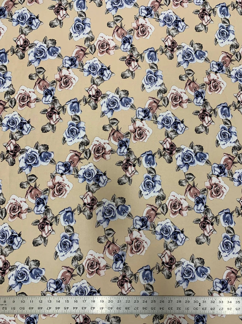 Antique Floral Design Polyester Bulgari Spandex Fabric - Floral Print, Light-Medium Weight, 58"-60" Width